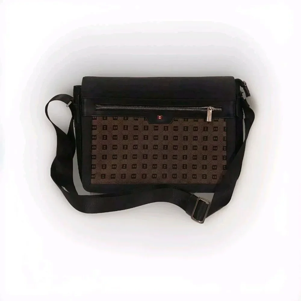 Vintage BALLY Brown Monogram Canvas Black Leather Messenger Bag